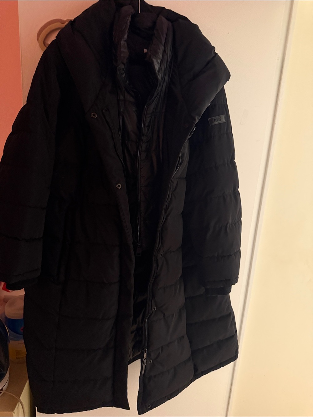 DKNY Black Long Puffer Coat with Hood